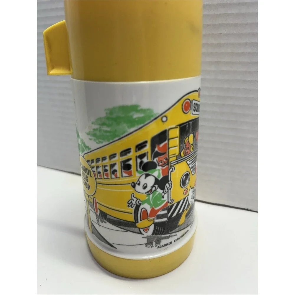 VTG Disney Mickey School Bus Yellow Thermos By Aladdin, Bottle, Lid/Cup  Stopper - Picture 4 of 9